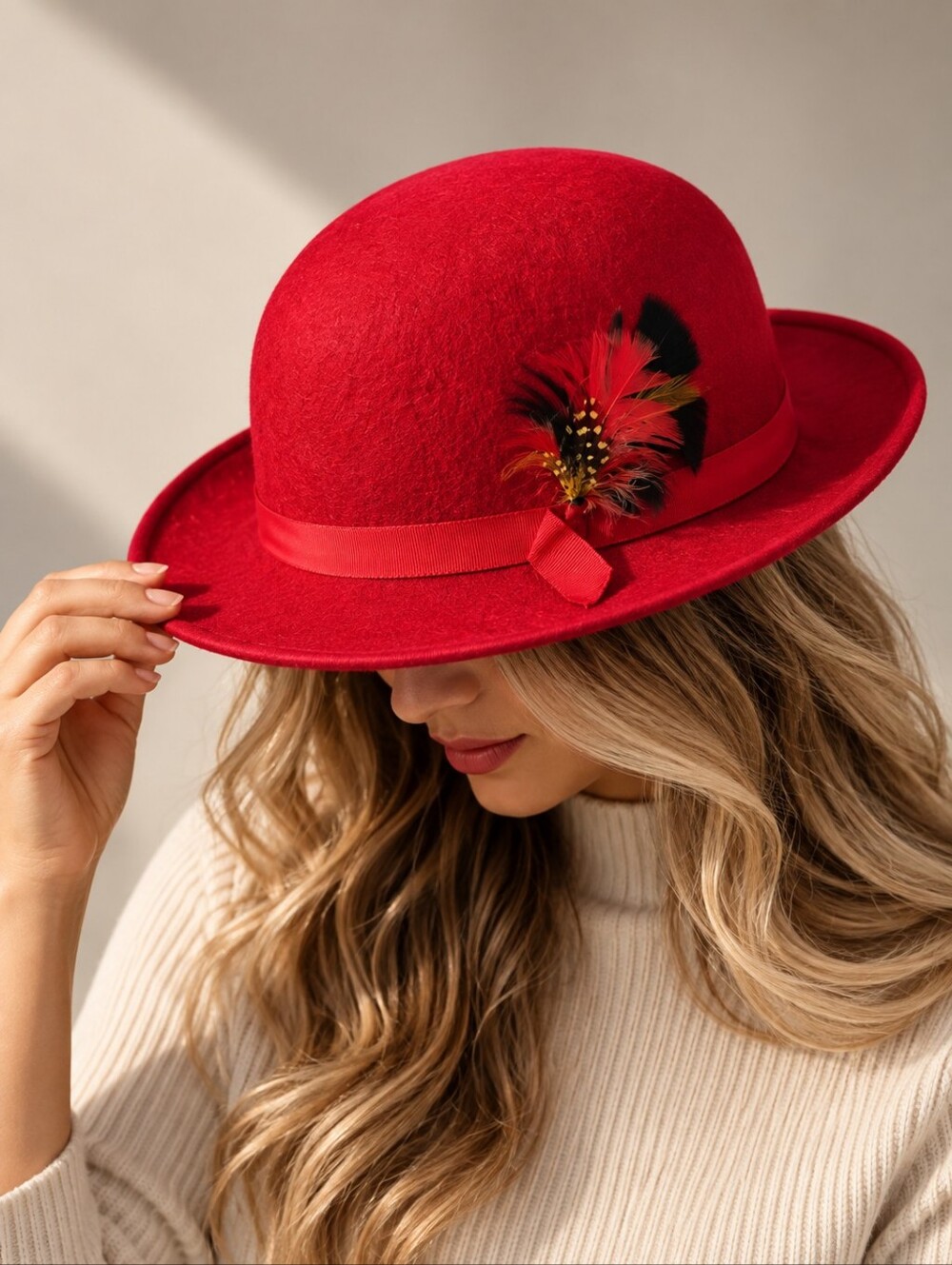Geo. W. Bollman Vintage Red Doeskin Wool Felt Derby Hat Feather Made USA